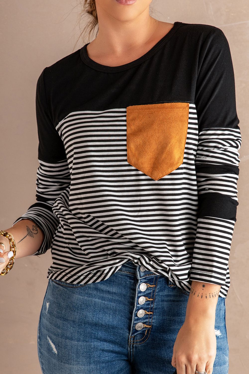 Striped Round Neck Long Sleeve T-Shirt Black