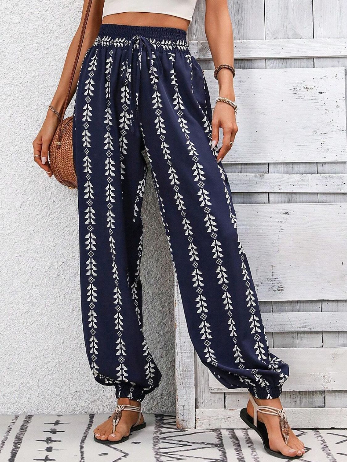 Tied Printed High Waist Pants Dark Blue