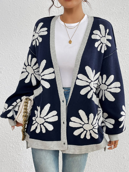 Contrast Dropped Shoulder Long Sleeve Cardigan Dark Navy