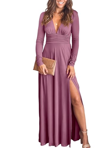 Christmas Party Dress - ANRABESS Women Deep V Neck Long Sleeve Slit 2024 Fall Elegant Formal Wedding Guest Cocktail Evening Date Prom Maxi Long Dress Z-pink