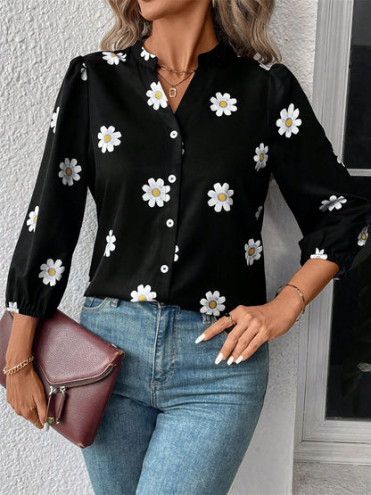 Daisy Notched Three-Quarter Sleeve Shirt Black