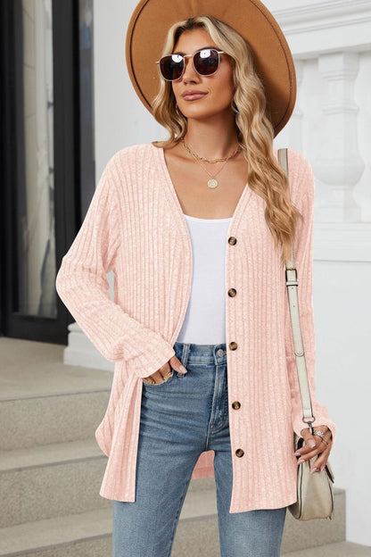 Ribbed Button Up Long Sleeve Cardigan Watermelon pink