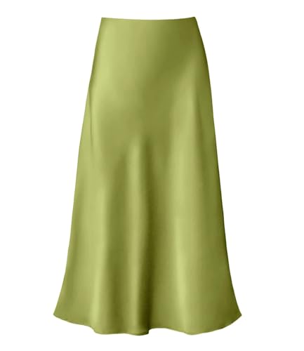 Cream Satin Skirt Outfit - Womens Satin High Waist Hidden Elasticized Waistband Flared Casual A Line Midi Skirt Apple Green