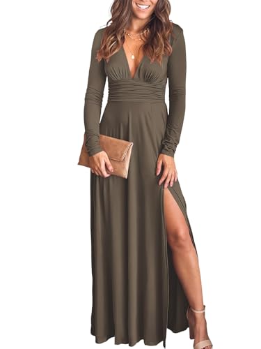 Christmas Party Dress - ANRABESS Women Deep V Neck Long Sleeve Slit 2024 Fall Elegant Formal Wedding Guest Cocktail Evening Date Prom Maxi Long Dress Z-brown