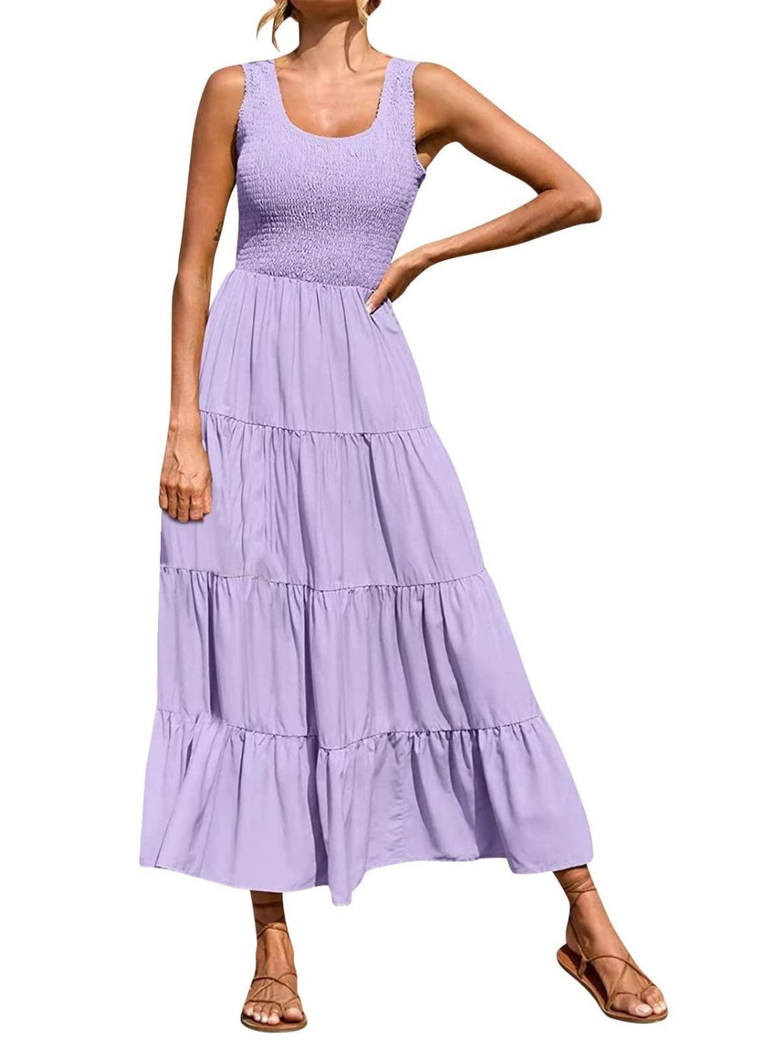 Smocked Tiered Midi Dress with Wide Straps