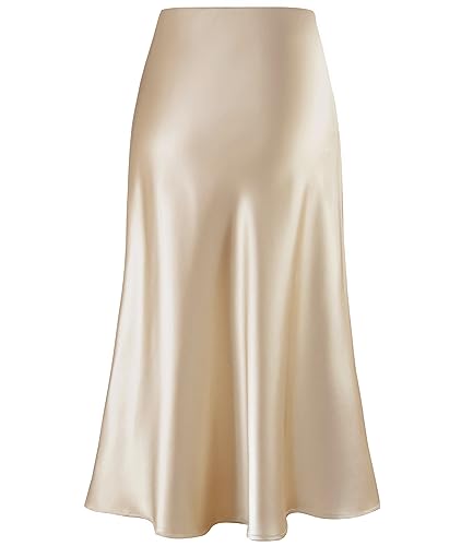 Cream Satin Skirt Outfit - Womens Satin High Waist Hidden Elasticized Waistband Flared Casual A Line Midi Skirt