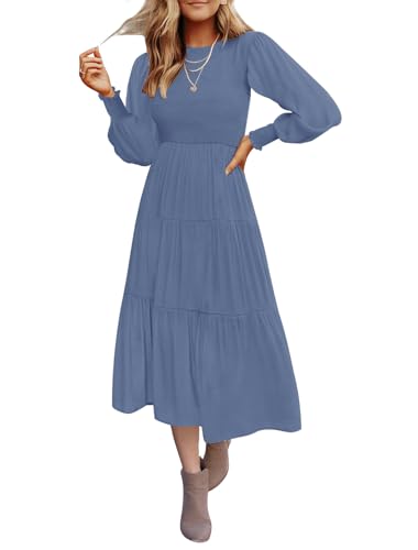 Christmas Green Dress - ZESICA Womens 2024 Casual Long Sleeve Crew Neck High Waist Smocked Flowy Tiered Midi Dress Dustyblue