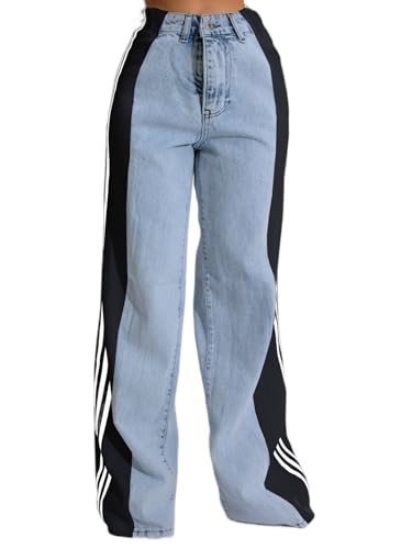 Rfm Jeans - Angsuttc Womens Jeans with Patchwork Stripes High Waist Loose Denim Color Block Jean Straight Wide Leg Pants Light Blue Black