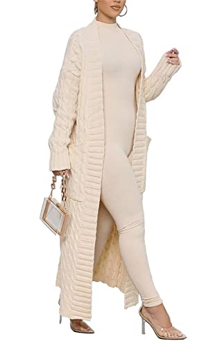 Long Sweaters for Women Cardigan Open Front Long Sleeve Plus Size Chunky Cable Knit Duster Cardigans with Pockets Winter Coat Beige