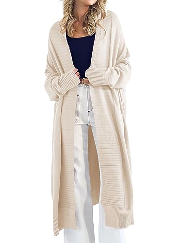 Danedvi Womens Long Cardigan Sweaters 2024 Fall Chunky Knit Oversized Slouchy Open Front Warm Coats with Pockets Beige