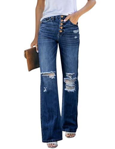 Rfm Jeans - LookbookStore High Waisted Ripped Flare Jeans for Women Distressed Bell Bottom Jeans Wide Leg Pants Dark Blue