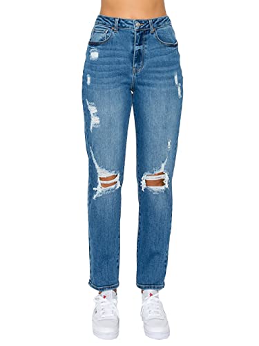 Mom Jeans - WAX JEAN Womens Mom Jean with Blown Out Knee