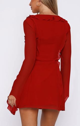 Mariah Carey Red Mini Dress - Women's Sexy Long Flare Sleeve Chiffon Ruffle Deep Tie V Neck Bodycon Mini Party Dress