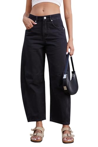 Rfm Jeans - Mid Rise Barrel Jeans for Women Wide Leg Mid Waist Cropped Denim Pants Y2k Baggy Boyfriend Jeans with Pockets Iconic Black