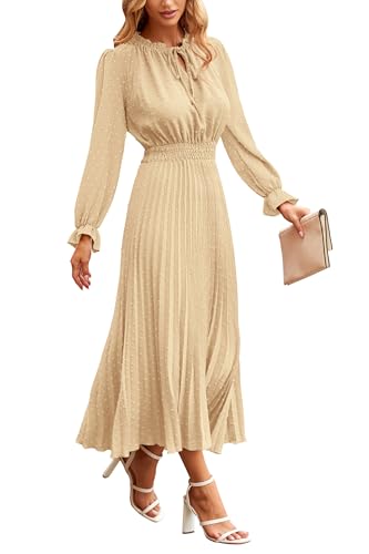 PRETTYGARDEN Womens 2024 Fall Midi Dress Casual Long Sleeve V Neck Swiss Dot Pleated A Line Flowy Dresses Apricot