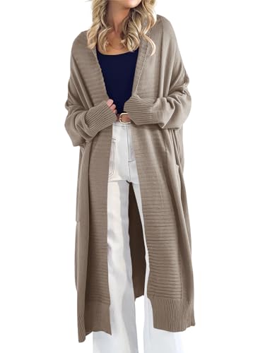 Danedvi Womens Long Cardigan Sweaters 2024 Fall Chunky Knit Oversized Slouchy Open Front Warm Coats with Pockets Khaki