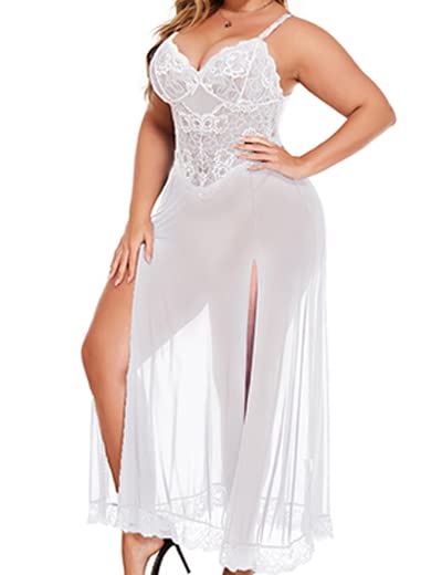 Valentine's Day - Plus Size Lingerie For Women Babydoll Sexy Mesh Maxi Nightdress Strappy Exotic Sleepwear Side Slits White