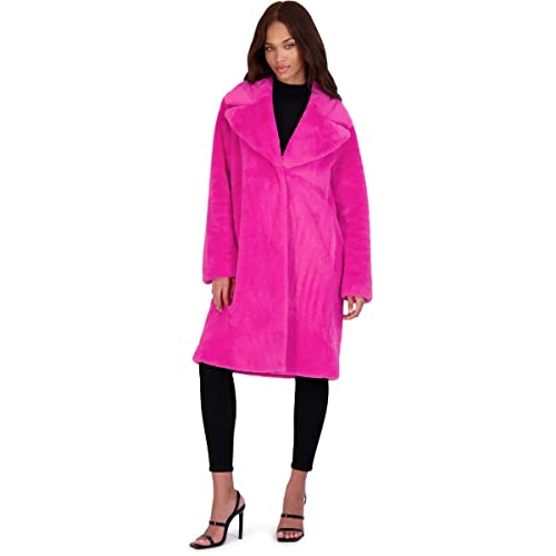 Hot Pink Fur Coat - Avec Les Filles Womens MidLength Faux Fur Coat with Notch Lapel