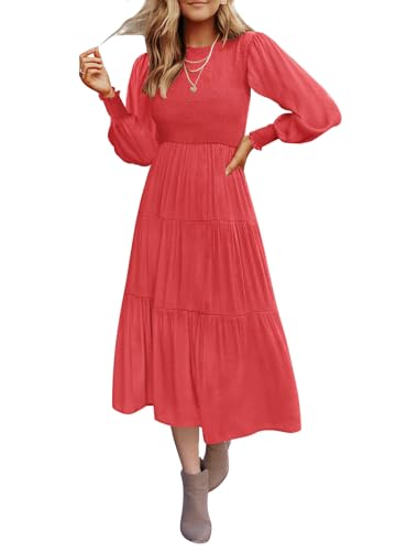 Christmas Green Dress - ZESICA Womens 2024 Casual Long Sleeve Crew Neck High Waist Smocked Flowy Tiered Midi Dress Watermelonred