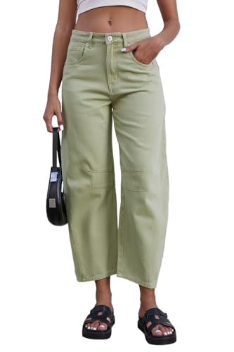 Rfm Jeans - Mid Rise Barrel Jeans for Women Wide Leg Mid Waist Cropped Denim Pants Y2k Baggy Boyfriend Jeans with Pockets Light Green