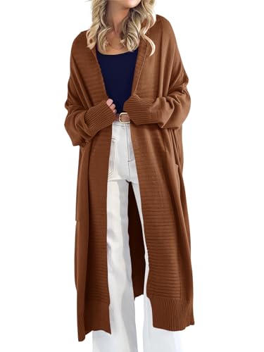 Danedvi Womens Long Cardigan Sweaters 2024 Fall Chunky Knit Oversized Slouchy Open Front Warm Coats with Pockets Red Brown-1