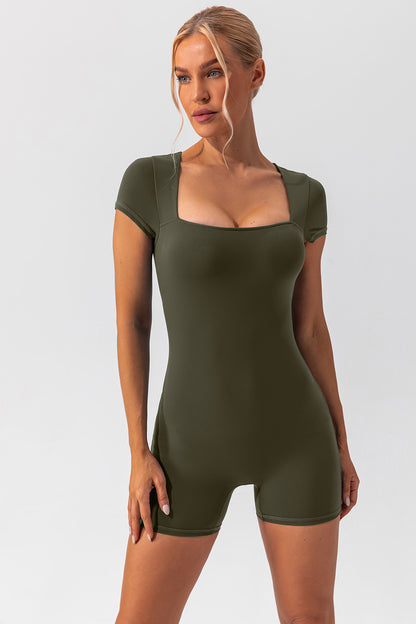 Square Neck Cap Sleeve Active Romper Matcha Green