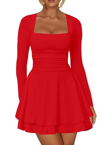 Christmas Party Dress - Kaximil Womens Square Neck Ruffle Hem Mini Dress Ruched Waist Long Sleeve Corset Short Party Dresses Red