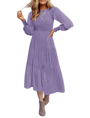 Christmas Green Dress - ZESICA Womens 2024 Casual Long Sleeve Crew Neck High Waist Smocked Flowy Tiered Midi Dress Violet