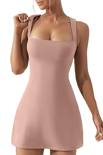 Mariah Carey Red Mini Dress - Women's Square Neck Bodice Dress Sleeveless Tank Top Stretch Flare Mini Dresses Pale Mauve