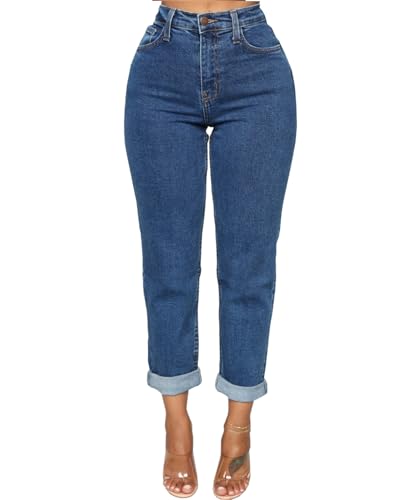 Rfm Jeans - SheKiss Boyfriend Stretchy Jeans for Women Distressed Frayed High Waisted Trendy Denim Blue Jeans Blue Mom Stretch Jeans 767