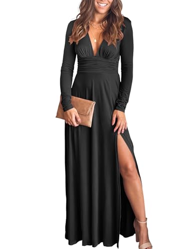 Christmas Party Dress - ANRABESS Women Deep V Neck Long Sleeve Slit 2024 Fall Elegant Formal Wedding Guest Cocktail Evening Date Prom Maxi Long Dress