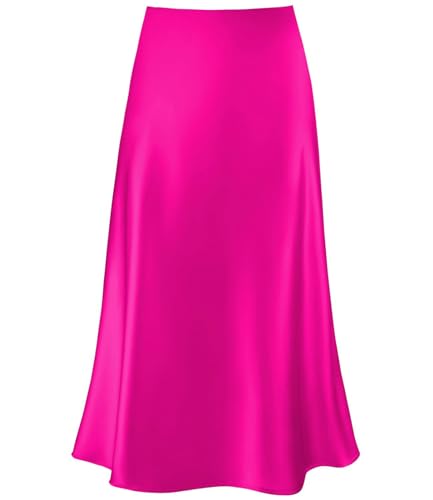 Cream Satin Skirt Outfit - Womens Satin High Waist Hidden Elasticized Waistband Flared Casual A Line Midi Skirt Hot Pink