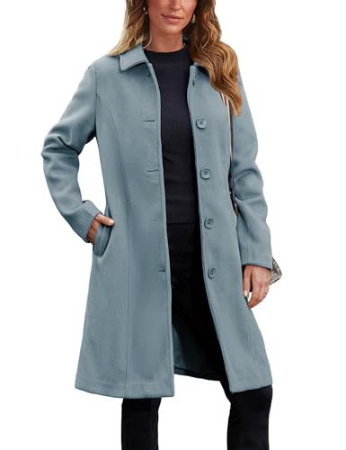 Blue Coat - Springrain Womens Pea Coat Elegant Overcoat Single Breasted Winter Coat Dress Coat with Pockets Dustyblue