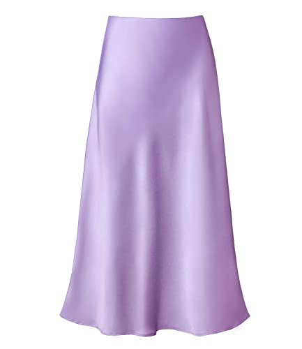 Cream Satin Skirt Outfit - Womens Satin High Waist Hidden Elasticized Waistband Flared Casual A Line Midi Skirt Lilac