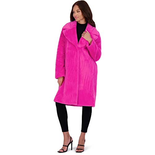 Hot Pink Fur Coat - Avec Les Filles Womens MidLength Faux Fur Coat with Notch Lapel