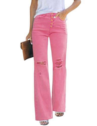 Rfm Jeans - LookbookStore High Waisted Ripped Flare Jeans for Women Distressed Bell Bottom Jeans Wide Leg Pants Z1 Candy Pink