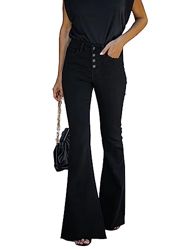 Rfm Jeans - KUNMI Womens Flare Bell Bottom Jeans High Waisted Wide Leg Bootcut Jeans Stretchy Denim Pants Bb005-black