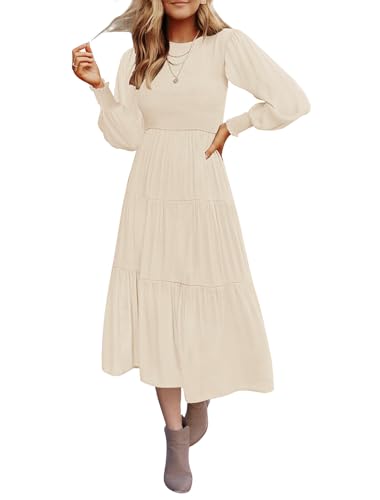 Christmas Green Dress - ZESICA Womens 2024 Casual Long Sleeve Crew Neck High Waist Smocked Flowy Tiered Midi Dress Beige