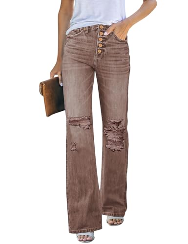 Rfm Jeans - LookbookStore High Waisted Ripped Flare Jeans for Women Distressed Bell Bottom Jeans Wide Leg Pants Pecan Brown