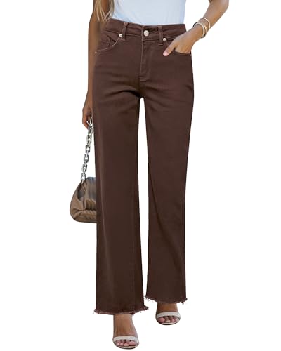 Rfm Jeans - GRAPENT Straight Leg Jeans for Women High Waisted Stretchy Frayed Raw Hem Loose Denim Pants Casual Baggy Jean Trousers Pecan Brown