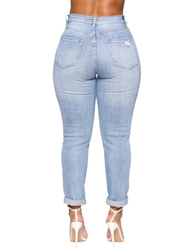 Rfm Jeans - SheKiss Boyfriend Stretchy Jeans for Women Distressed Frayed High Waisted Trendy Denim Blue Jeans Boyfriend Denim Jeans 761