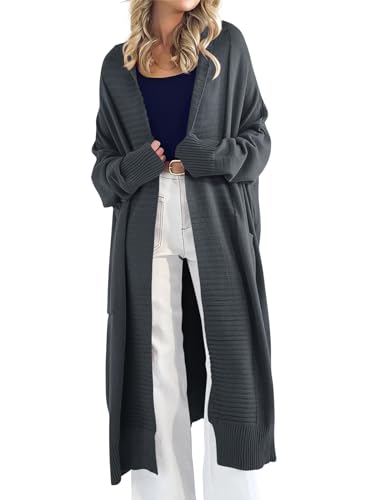 Danedvi Womens Long Cardigan Sweaters 2024 Fall Chunky Knit Oversized Slouchy Open Front Warm Coats with Pockets Dark Grey