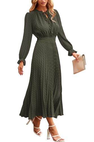 PRETTYGARDEN Womens 2024 Fall Midi Dress Casual Long Sleeve V Neck Swiss Dot Pleated A Line Flowy Dresses Army Green