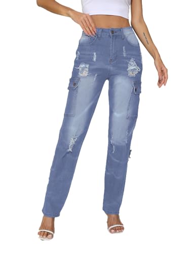 Rfm Jeans - SheKiss Boyfriend Stretchy Jeans for Women Distressed Frayed High Waisted Trendy Denim Blue Jeans Blue709