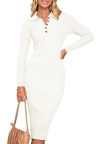 Christmas Green Dress - MEROKEETY Womens 2024 V Neck Ribbed Sweater Dress Long Sleeve Bodycon Knit Midi Dresses Beige