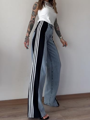 Rfm Jeans - Angsuttc Womens Jeans with Patchwork Stripes High Waist Loose Denim Color Block Jean Straight Wide Leg Pants