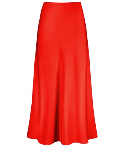 Cream Satin Skirt Outfit - Womens Satin High Waisted Maxi Skirts Hidden Elasticized Waistband A Line Long Skirt Red