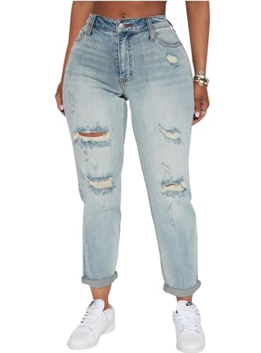 Rfm Jeans - SheKiss Boyfriend Stretchy Jeans for Women Distressed Frayed High Waisted Trendy Denim Blue Jeans Boyfriend Denim Jeans 762