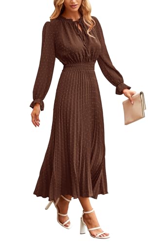 PRETTYGARDEN Womens 2024 Fall Midi Dress Casual Long Sleeve V Neck Swiss Dot Pleated A Line Flowy Dresses Dark Coffee