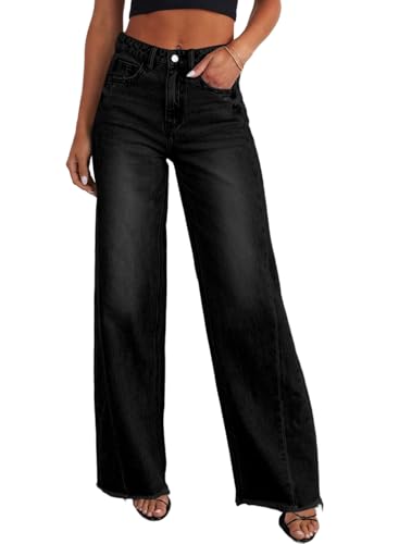 Mom Jeans - Sidefeel Womens Wide Leg Jeans High Waisted Strechy Raw Hem Denim Pants Black